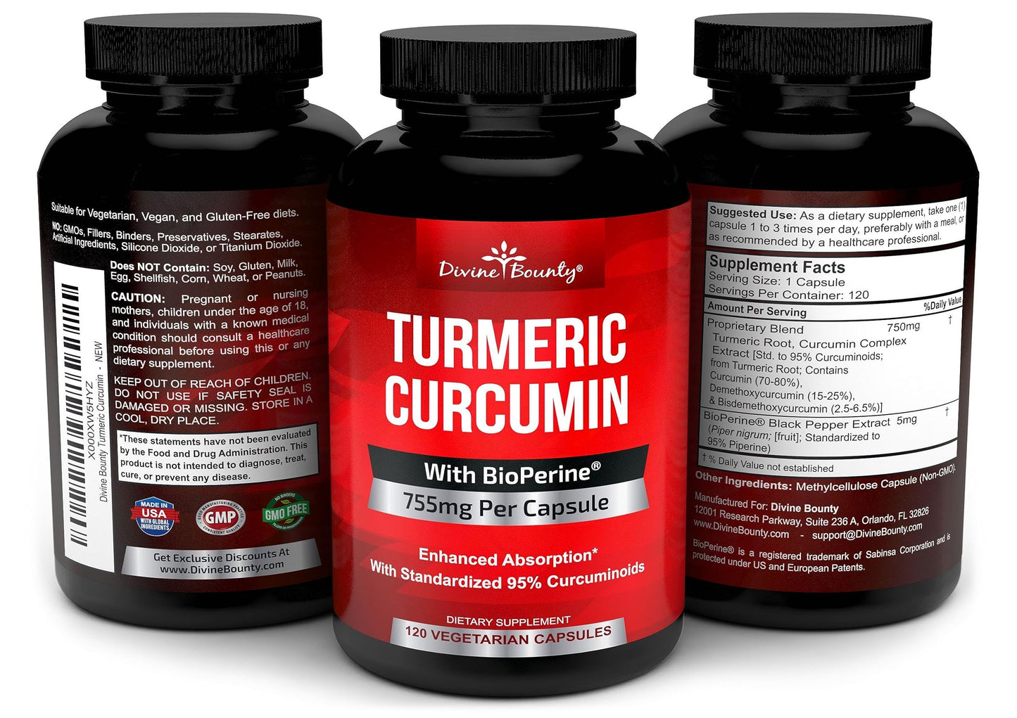Divine Bounty Turmeric Curcumin with BioPerine Black Pepper Extract Capsules 120 Count