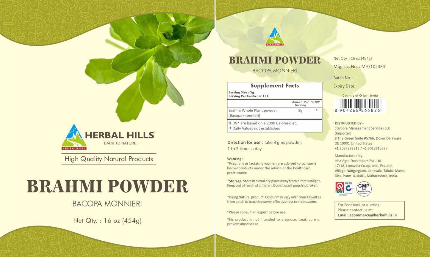 HERBAL HILLS Brahmi Powder Bacopa Monnieri, Powder, 16.01 Ounce Pack of 1