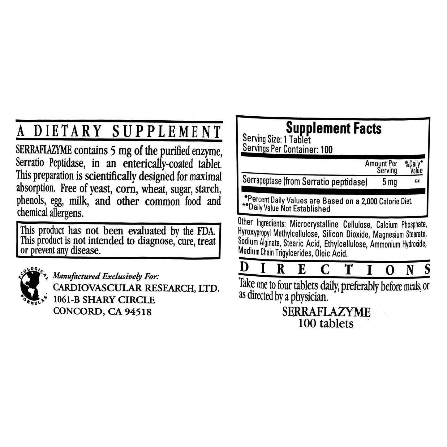 Ecological Formulas Serraflazyme (Serratia Peptidase 5mg) Tablet, 100 Tablets