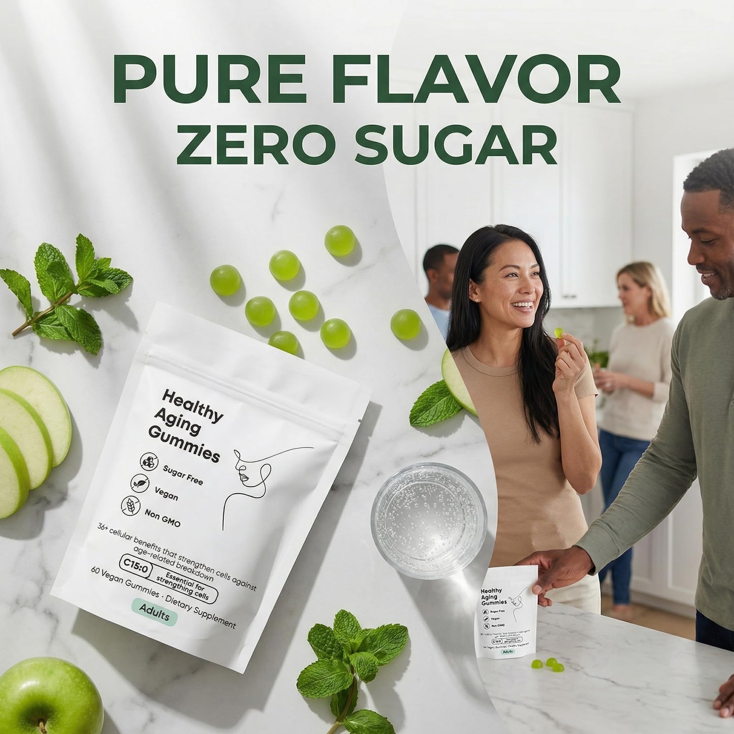 KBKTWOLT C15:0 Acid Gummies for Adults - Sugar-Free Apple Mint Flavor, C15:0 Fatty Acid Supplement, Supports Metabolic Balance, Cognitive Function & Immune Wellness, 60 Gummies
