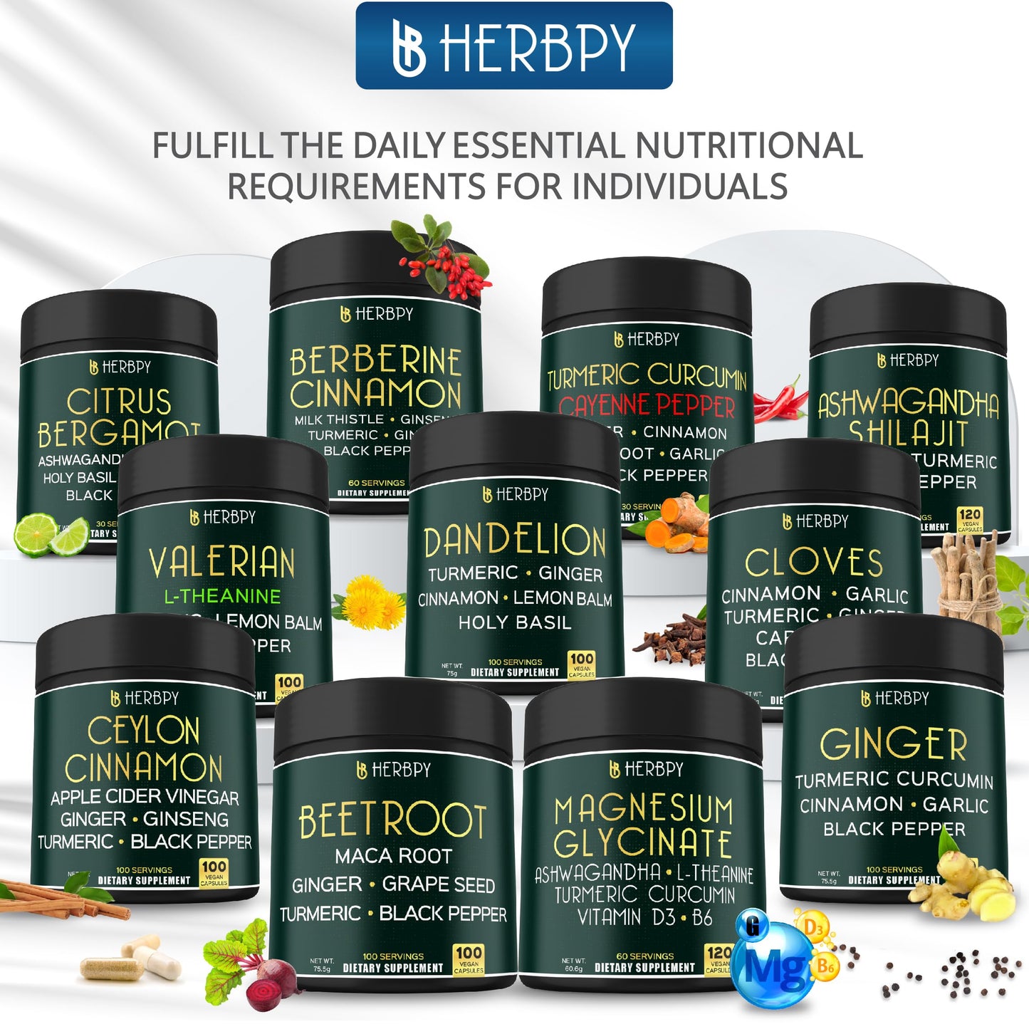 Herbpy 6in1 Restful Day and Night Supplement with Magnesium Glycinate, Vitamin D3, B6, L-Theanine, Ashwagandha and Turmeric Root - Brain, Heart and Digestive Health Support, 120 Vegan Capsules