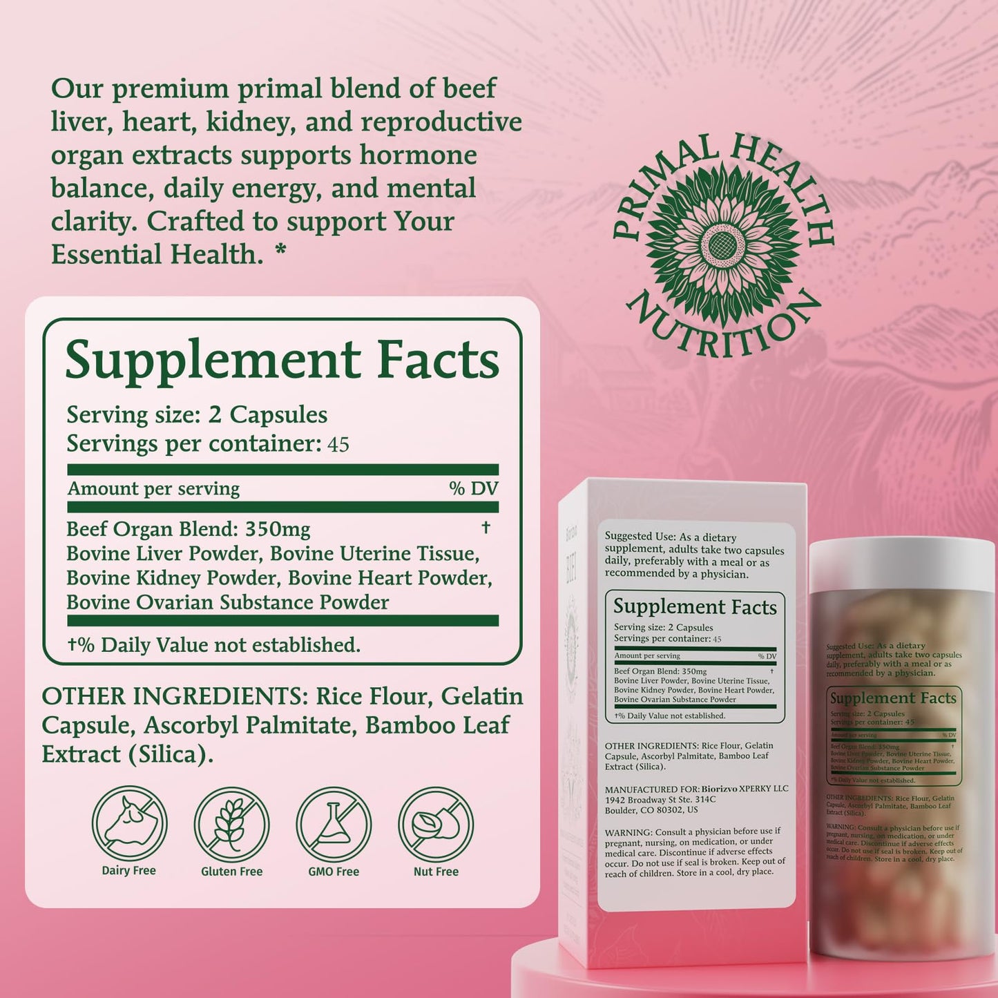 Biorizvo Beef Organ Supplement for Women – Primal Health Blend Capsules, 90 Capsules