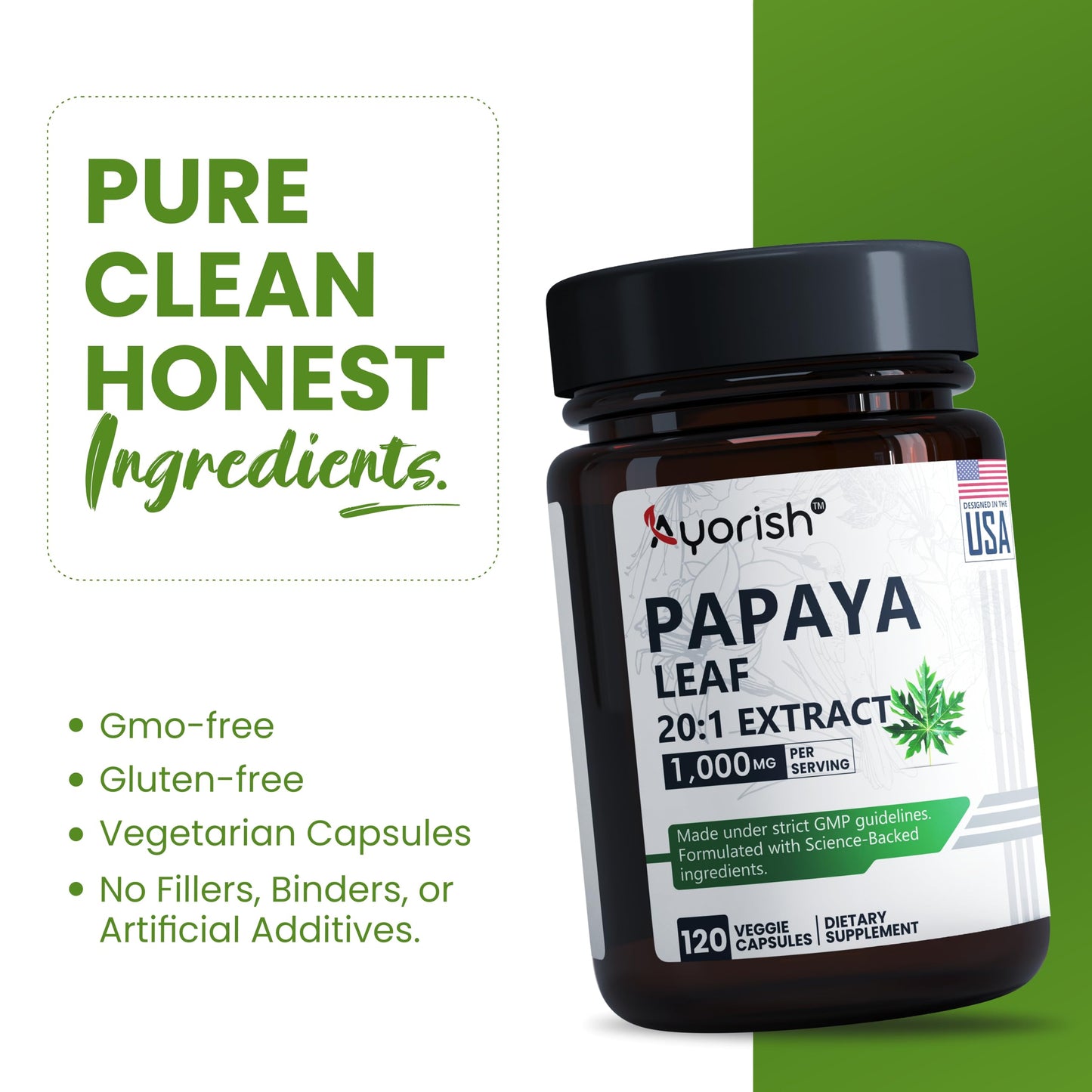 Ayorish Papaya Leaf Extract 1000mg Capsules, 120 Count