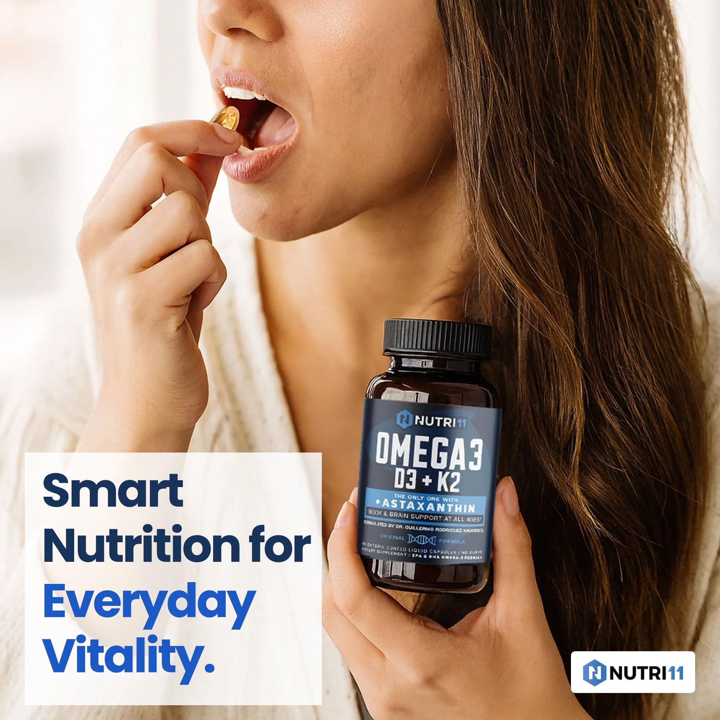 Nutri11 Omega-3 Fish Oil with Vitamin D3, K2 & Astaxanthin Enteric-Coated Burpless Softgels 60 Capsules