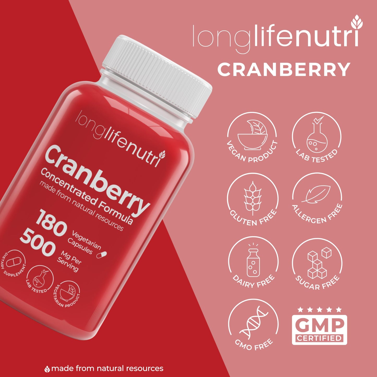 LongLifeNutri Cranberry Extract with Vitamin C & E Pure Concentrated Formula, 500mg per Serving, 180 Capsules