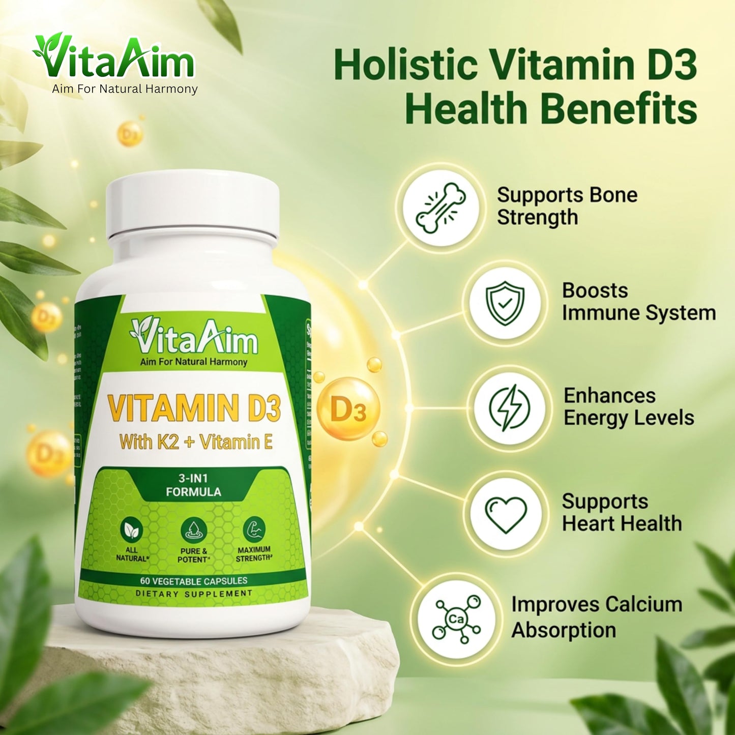 VitaAim Vitamin D3 with K2 + Vitamin E Softgels, 60 Count