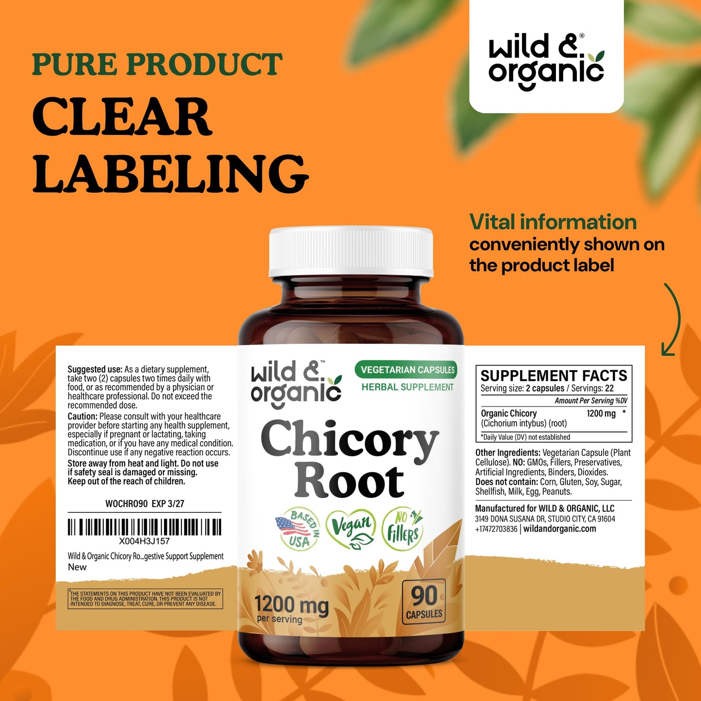 Wild & Organic Chicory Root Capsules 1200 mg per Serving Digestive & Gut Support Inulin Fiber Prebiotic Supplement Non-GMO, Vegan, 90 Count