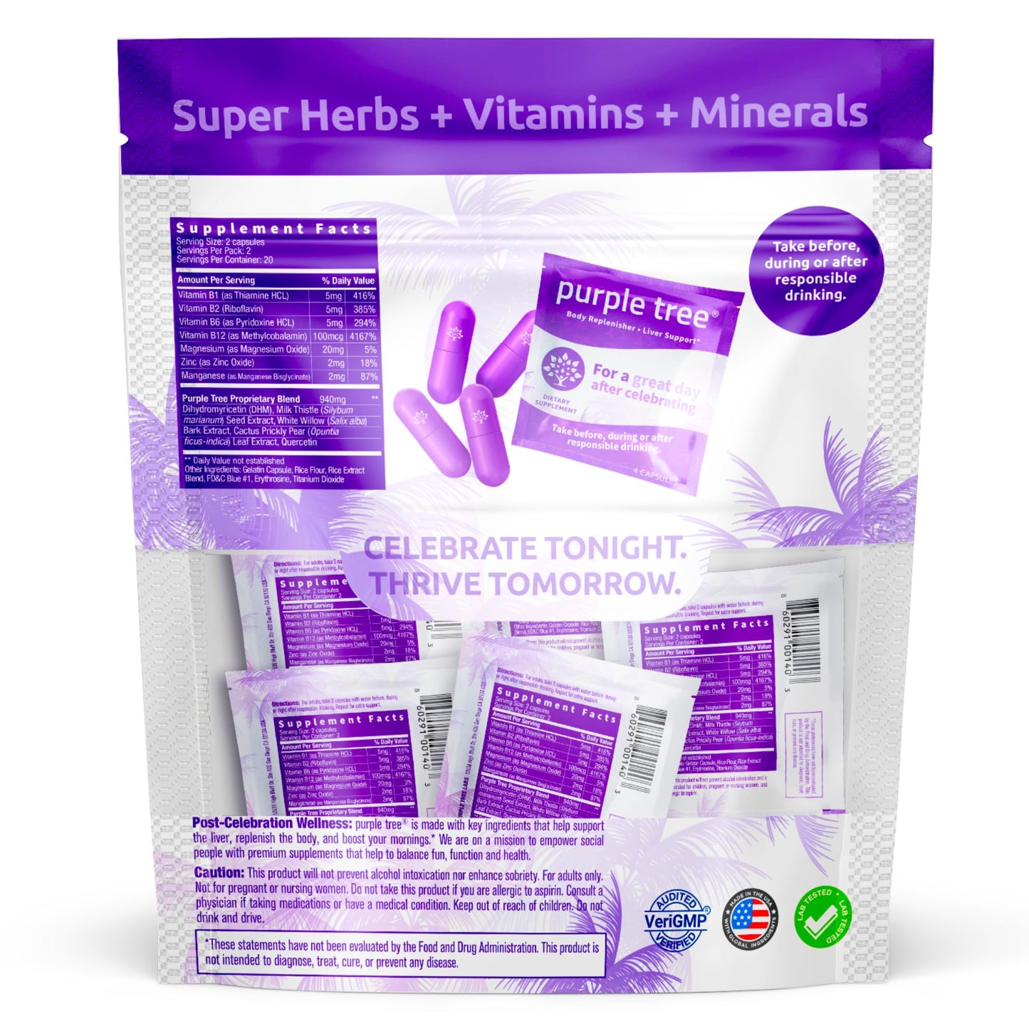 Purple Tree Post-Celebration Wellness Liver Support, Hydration & Replenisher Capsules, 40 Count
