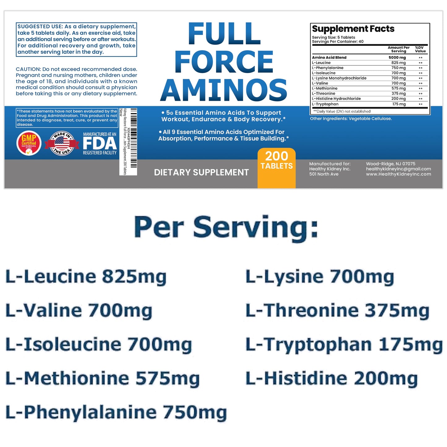 Kidney Restore Full Force Amino Acid Supplement Tablets 200 Count