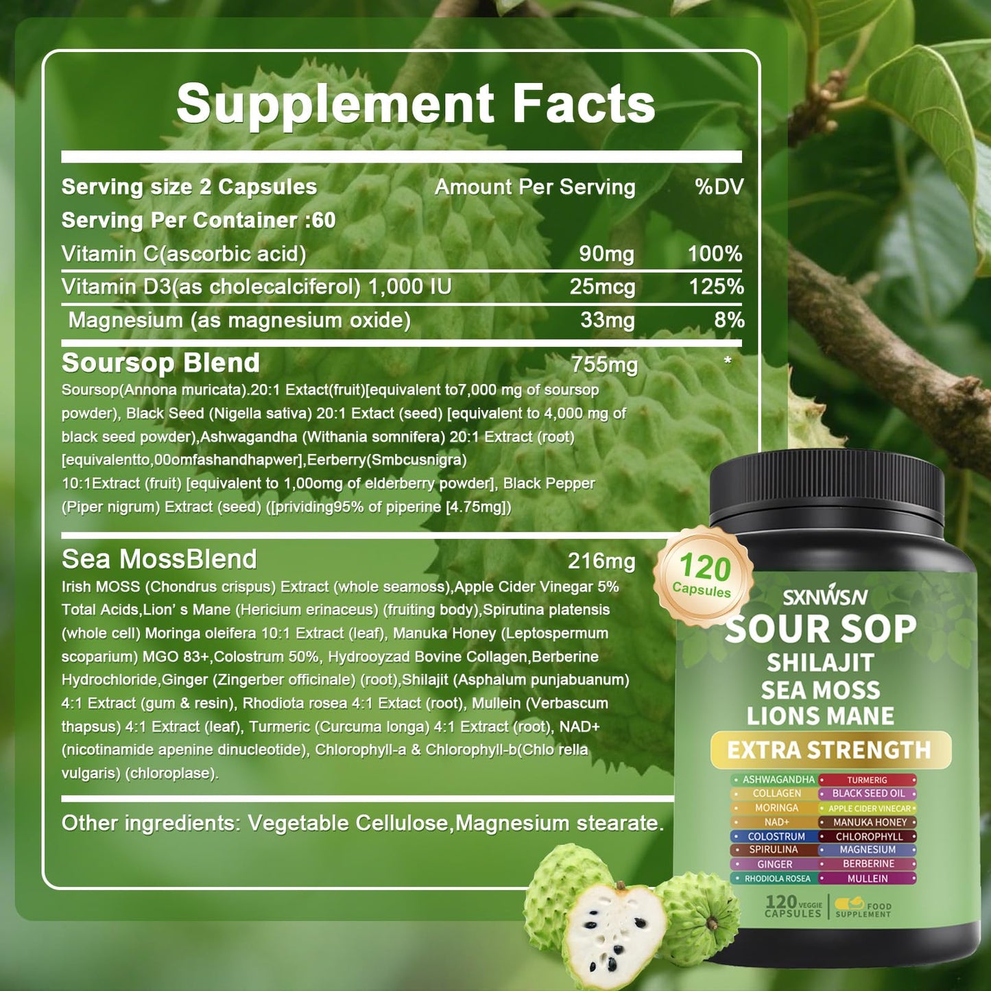 SXNWSN Soursop Supplement with Ashwagandha Sea Moss Lions Mane Turmeric Shilajit - Graviola Complex Capsules, 120 Vegan Capsules