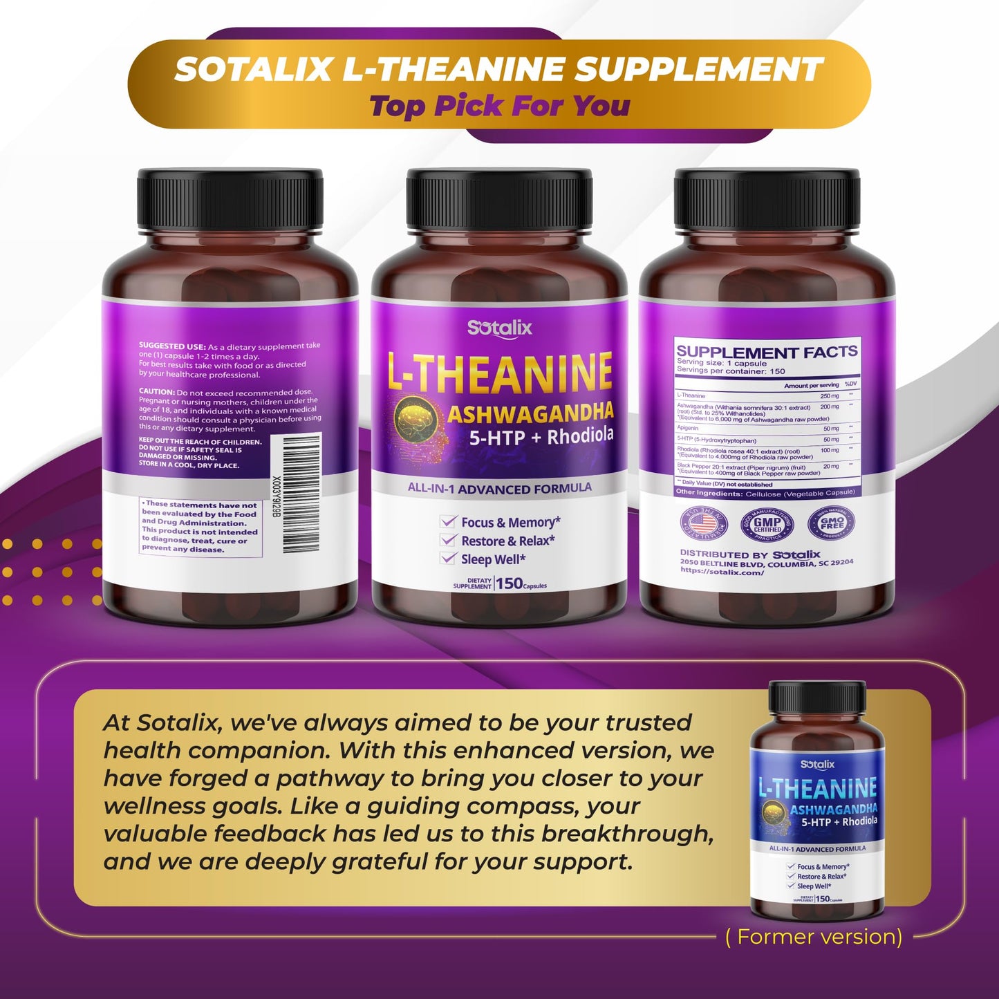Sotalix L-Theanine Supplement with Ashwagandha 5-HTP + Rhodiola Capsules, 150