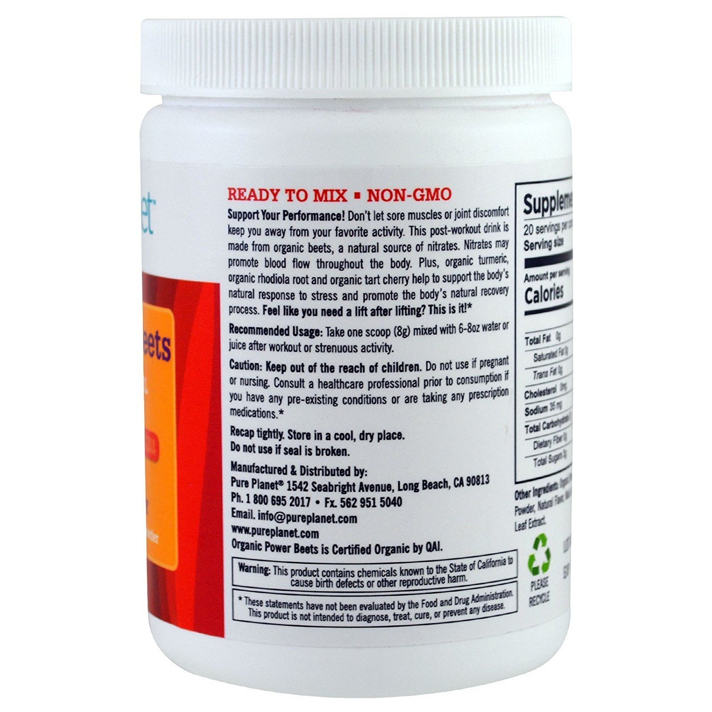 Pure Planet Organic Power Beets Preworkout Berry Burst Powder, 5.64 oz