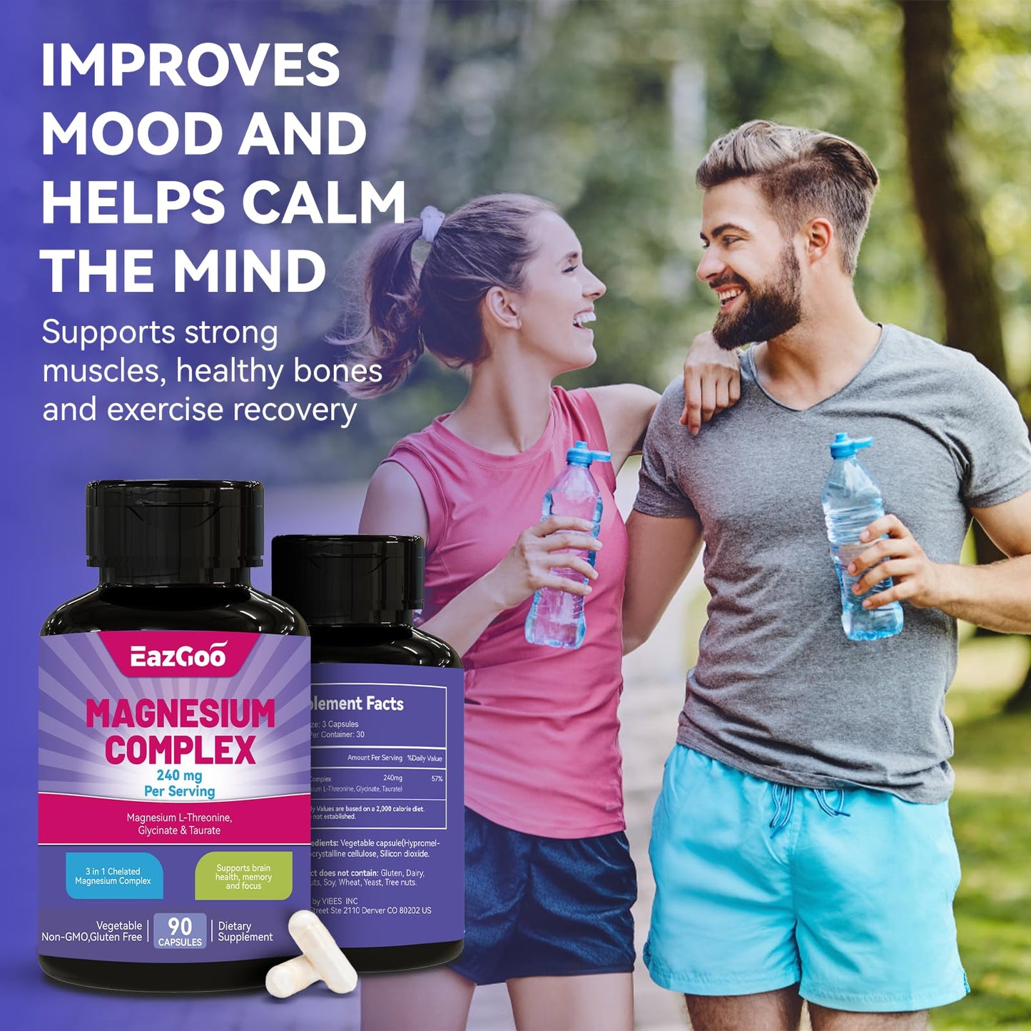 EAZGOO 3 in 1 Magnesium Complex, 240mg Elemental Magnesium Vegan Capsules, 90 Count
