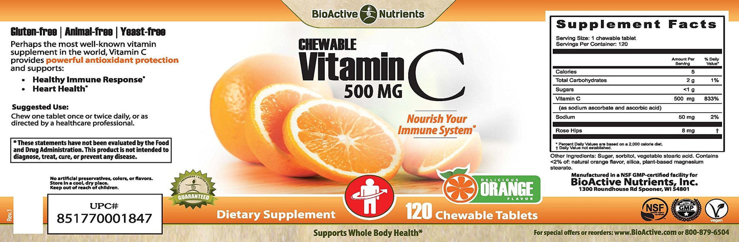 BIOACTIVE NUTRIENTS Vitamin C Chewable Tablets - 500mg Vitamin C - Immune Support, Antioxidant Support - Gluten-Free, Yeast-Free, Vegan - 120 Tablets