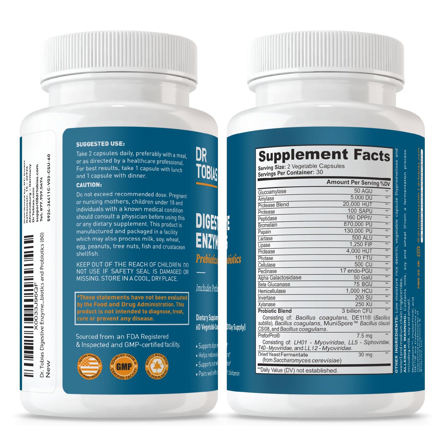 Dr. Tobias Digestive Enzymes with Probiotics, Prebiotics and Postbiotics Bromelain, Amylase, Lipase 60 Capsules