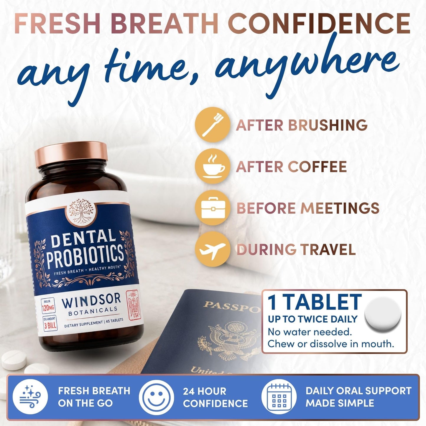 WINDSOR BOTANICALS Oral Probiotics for Teeth and Gums - 270 Chewable Mint Probiotic Tablets