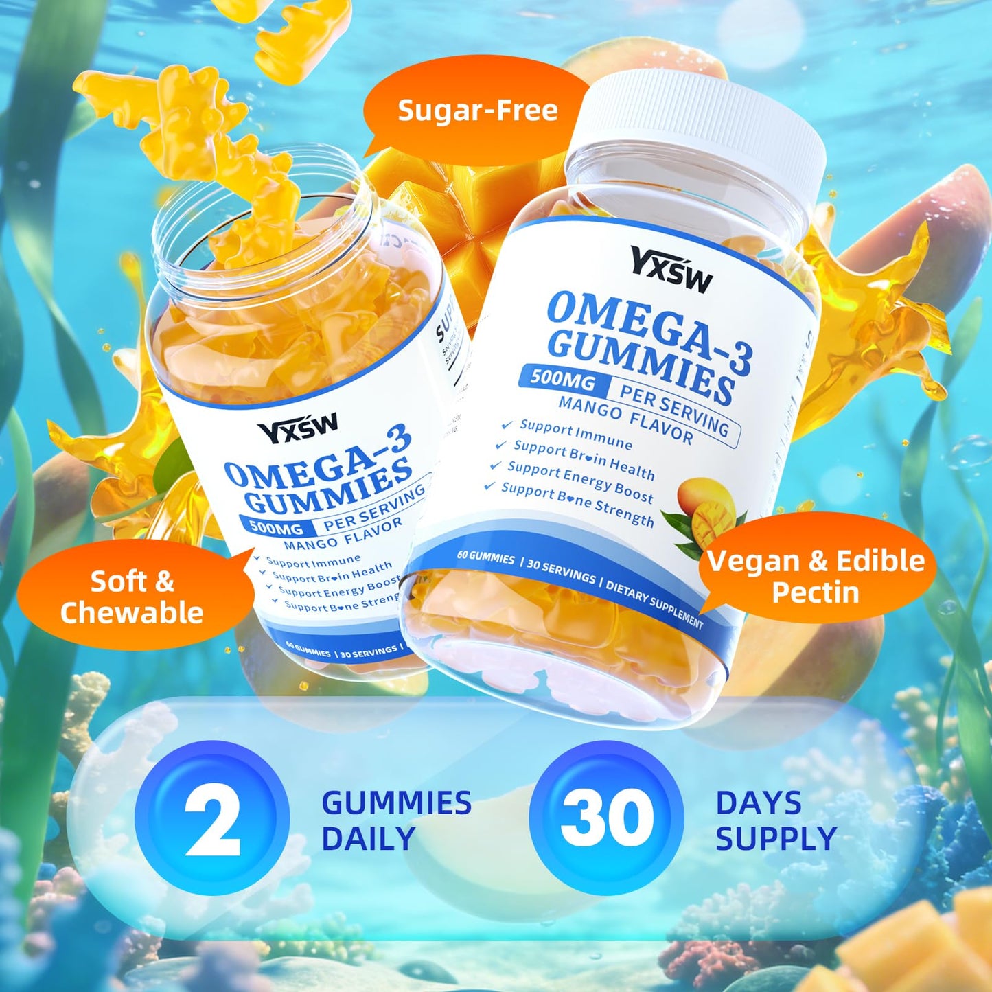 YXSW Vegan Omega-3 Gummies 500mg Gummy, 60 Count