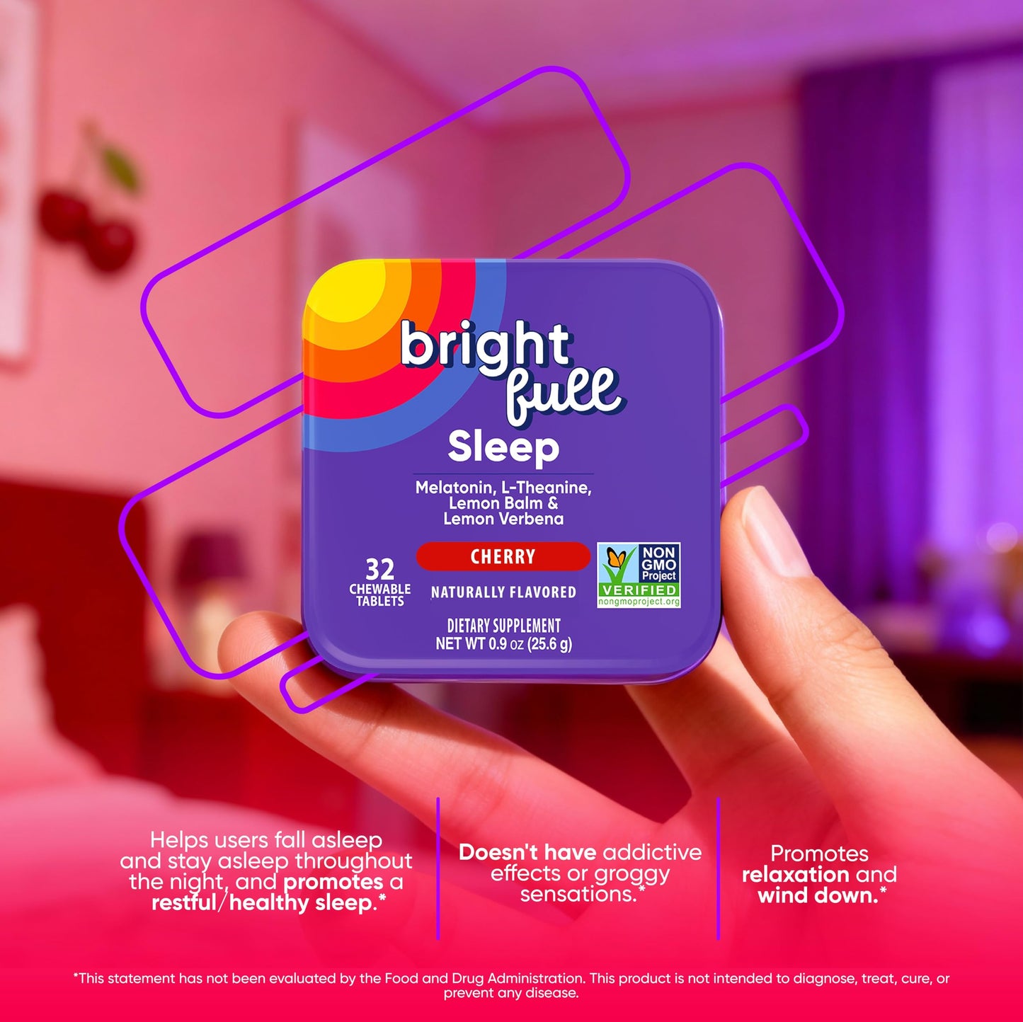 BRIGHTFULL Sleep Chewable Tablets with Melatonin, Ashwagandha, L-Theanine & Lemon Balm, Cherry Flavor, 32 Count