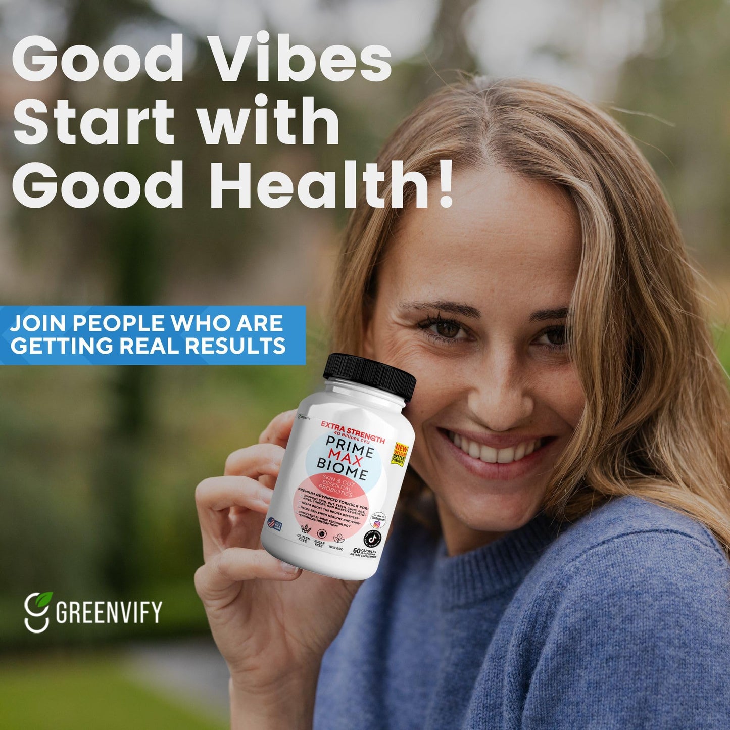 GREENVIFY Prime Max Biome Probiotics 40 Billion CFU Extra Strength Skin & Gut Support with MAKTrek Bi-Pass Technology 4 Strains + Prebiotics Non-GMO, Gluten-Free, 120 Capsules