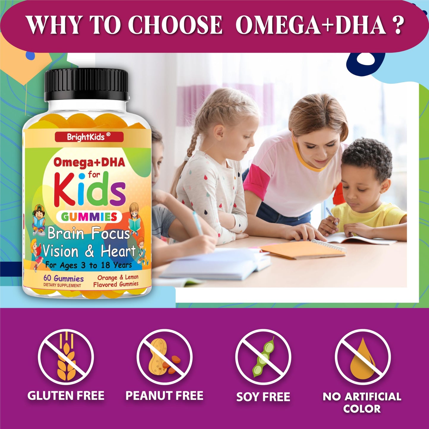 BrightKids Omega DHA Gummies for Kids & Teens, 60 Gummies