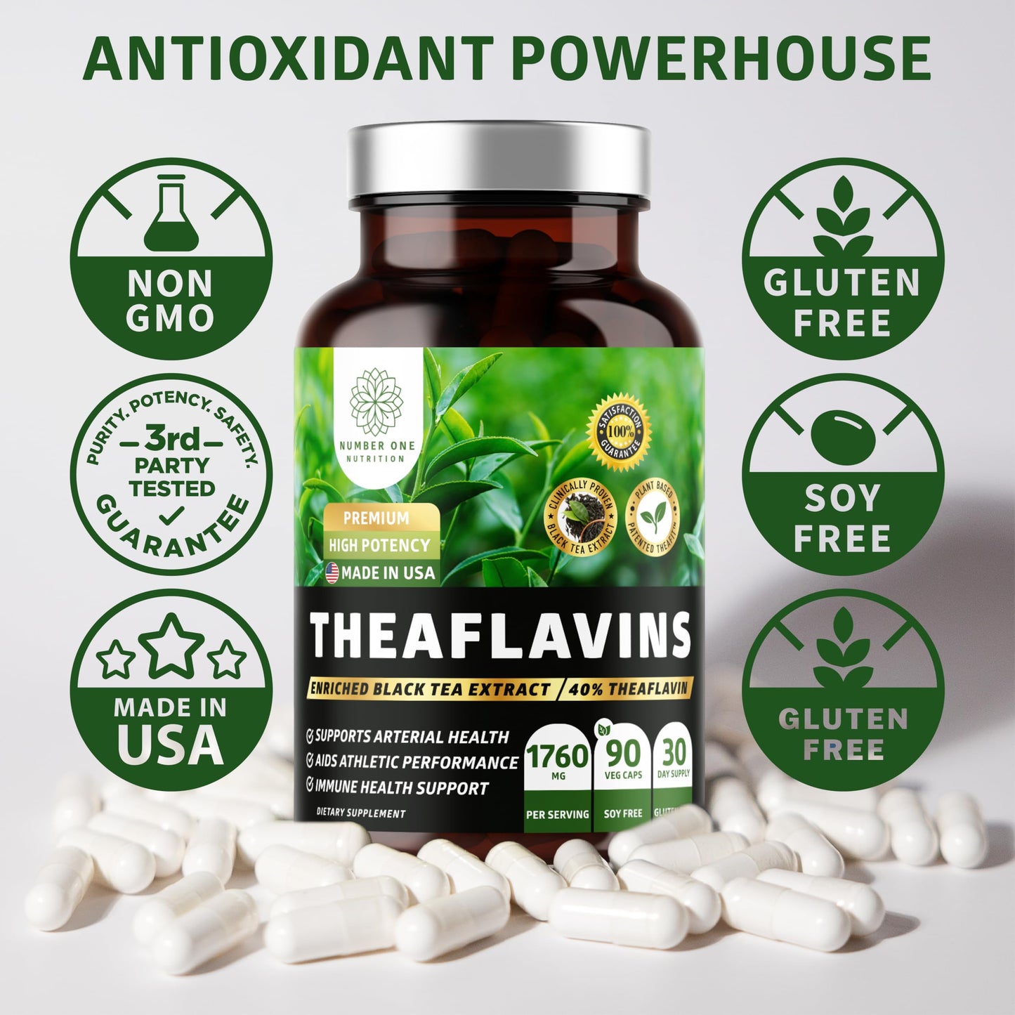 Number One Nutrition Premium Theaflavins Black Tea Extract 40% Theaflavins Capsules 90