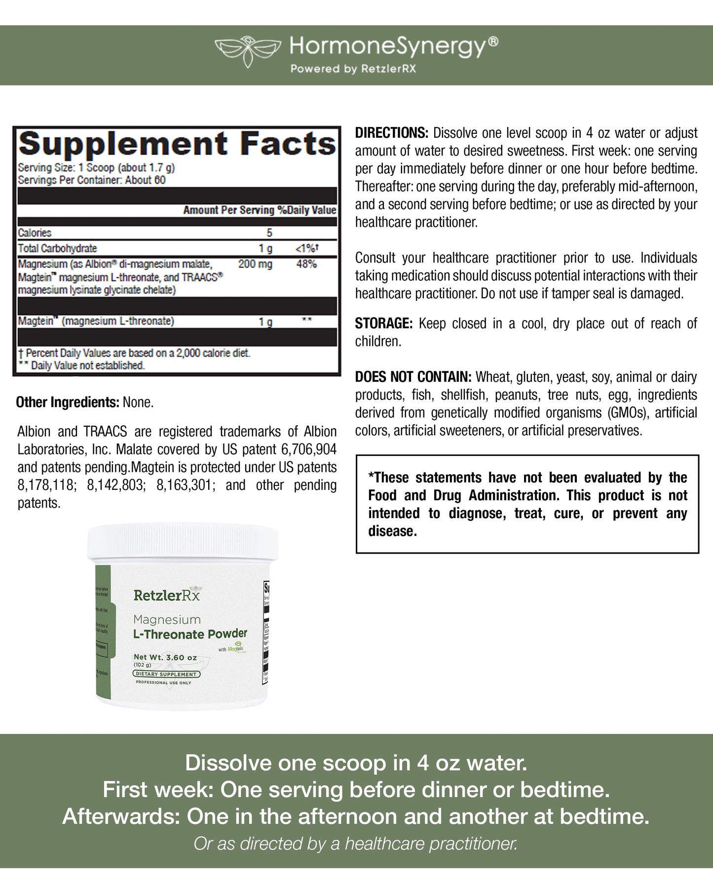 HormoneSynergy Magnesium L-Threonate Powder with Magtein Brain-Supporting Magnesium Threonate Complex, 3.6 Ounce