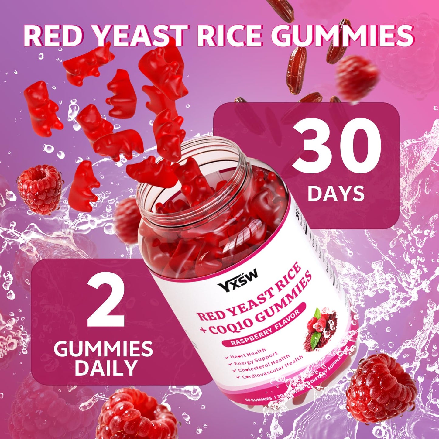 YXSW Red Yeast Rice 600mg with CoQ10 30mg Gummy 120 Count