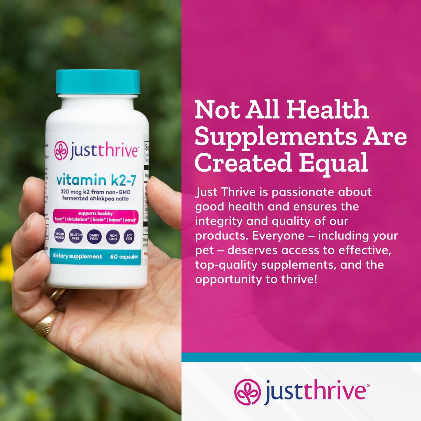 Just Thrive Vitamin K2-7 Supplement for Bone, Brain & Cardiovascular Health, 60 Capsules