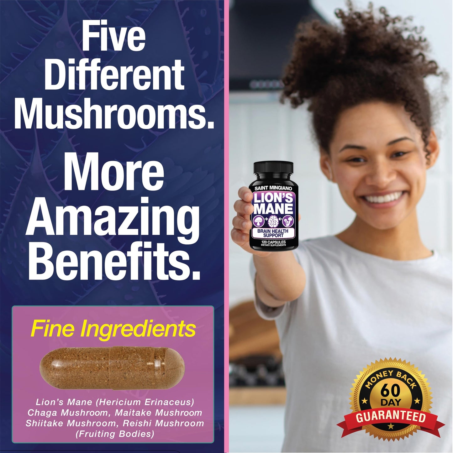Saint Mingiano Lion's Mane Mushroom Supplement Capsules 120 Count