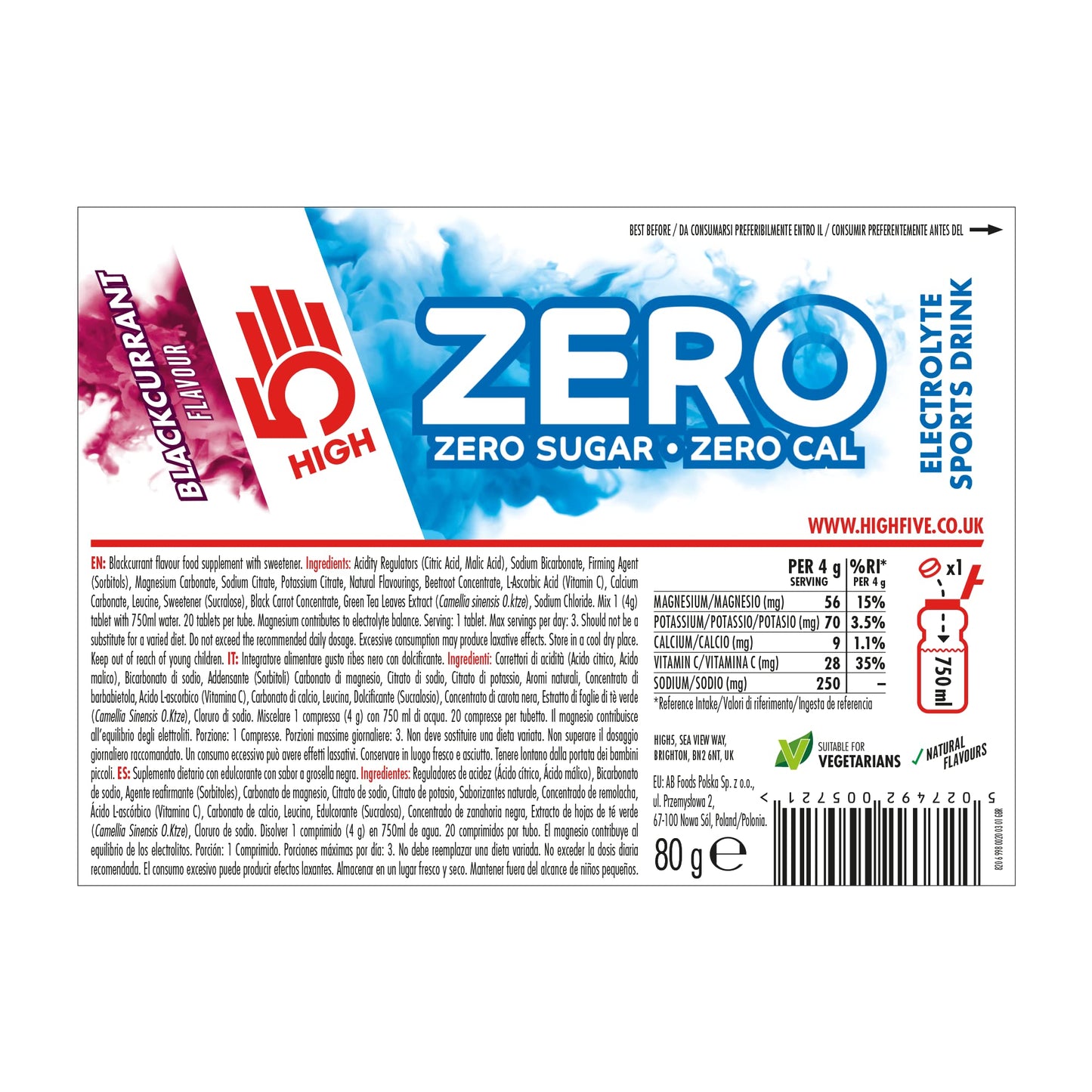 HIGH5 Zero Electrolyte Hydration Tablets Added Vitamin C Blackcurrant, 20 Tablets