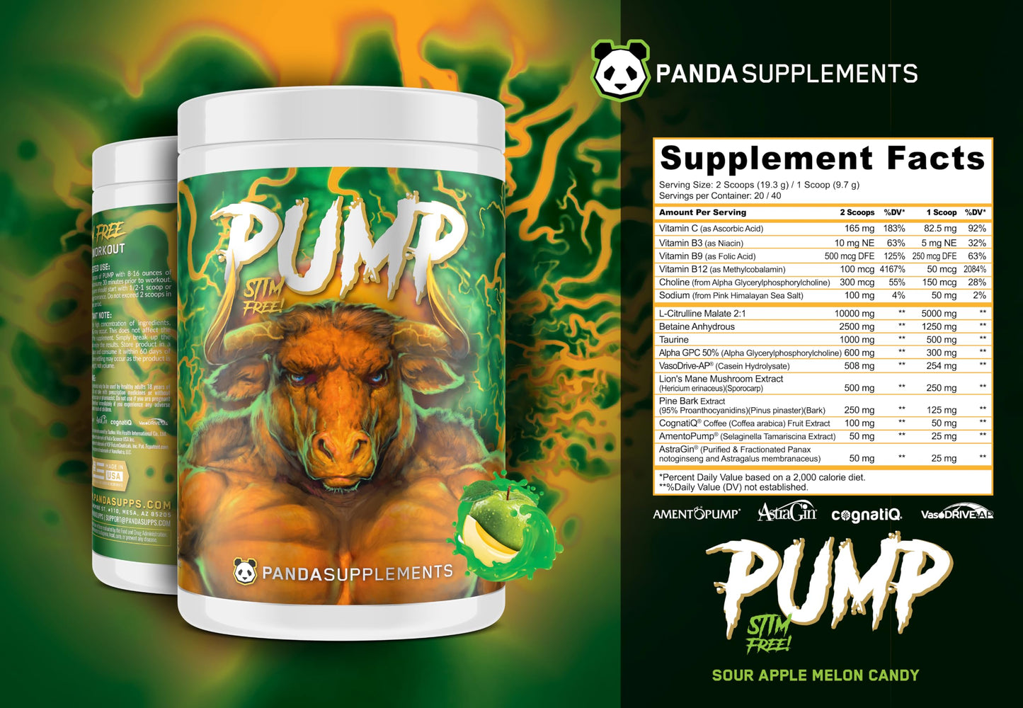 Underground Bio Labs Panda Supps Pump Powder, Sour Apple Melon Candy, 12.91 Ounce