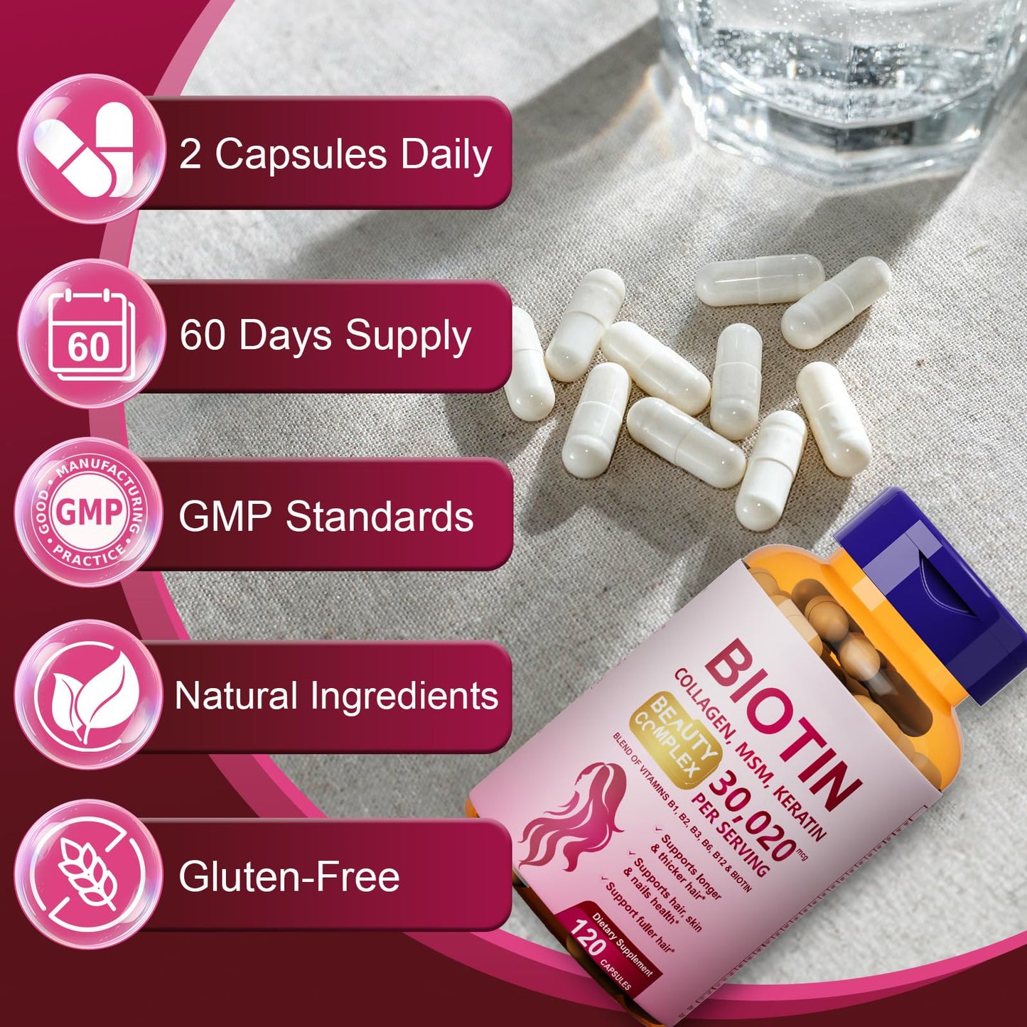 Dr. HR Biotin Supplements Keratin Vitamins MSM for Skin Nail Hair Health Capsules, 120 Count