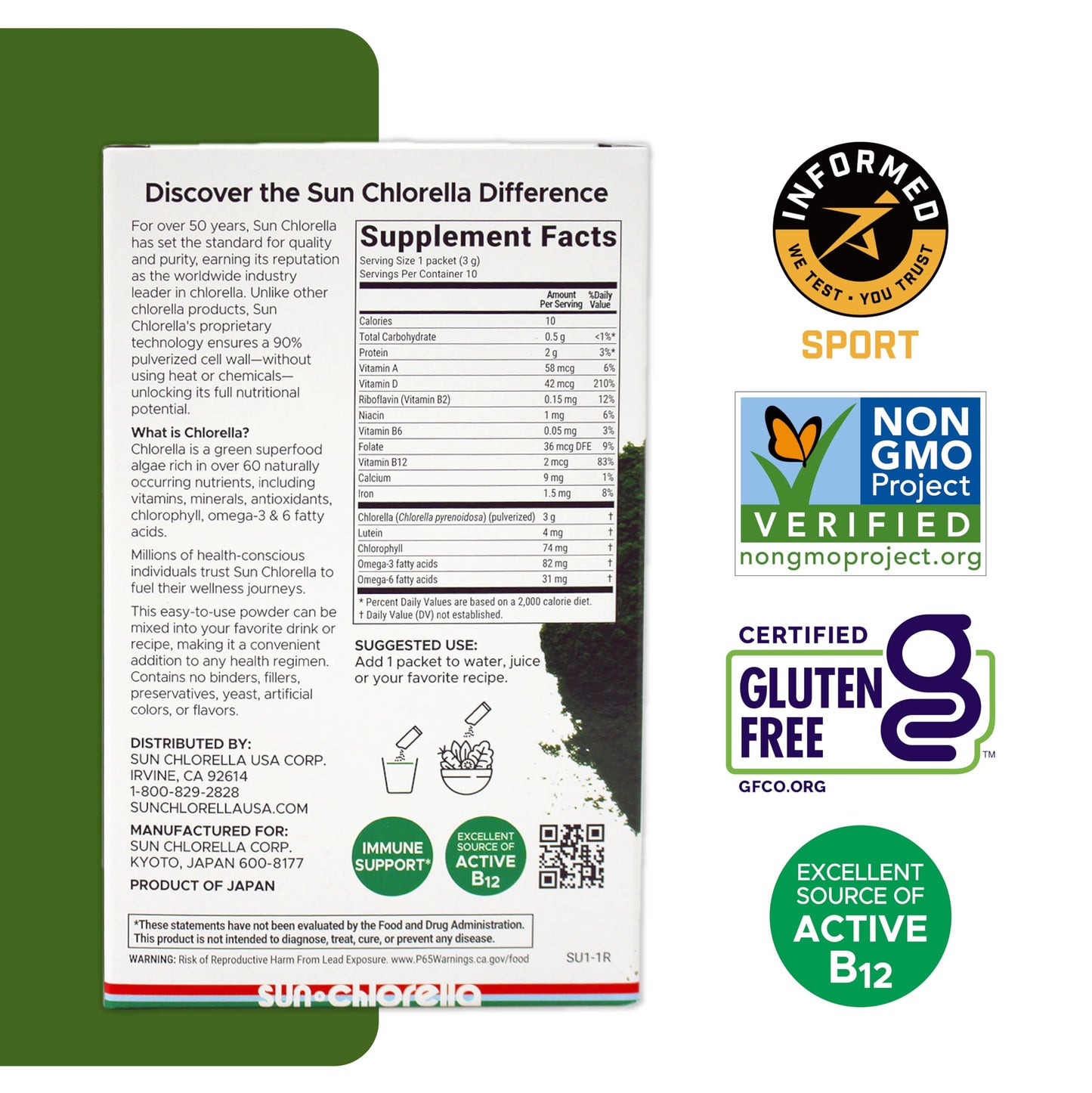 Sun Chlorella Powder 3g Single-Serve Packets, B12-Vitamin D Support, 10 Count