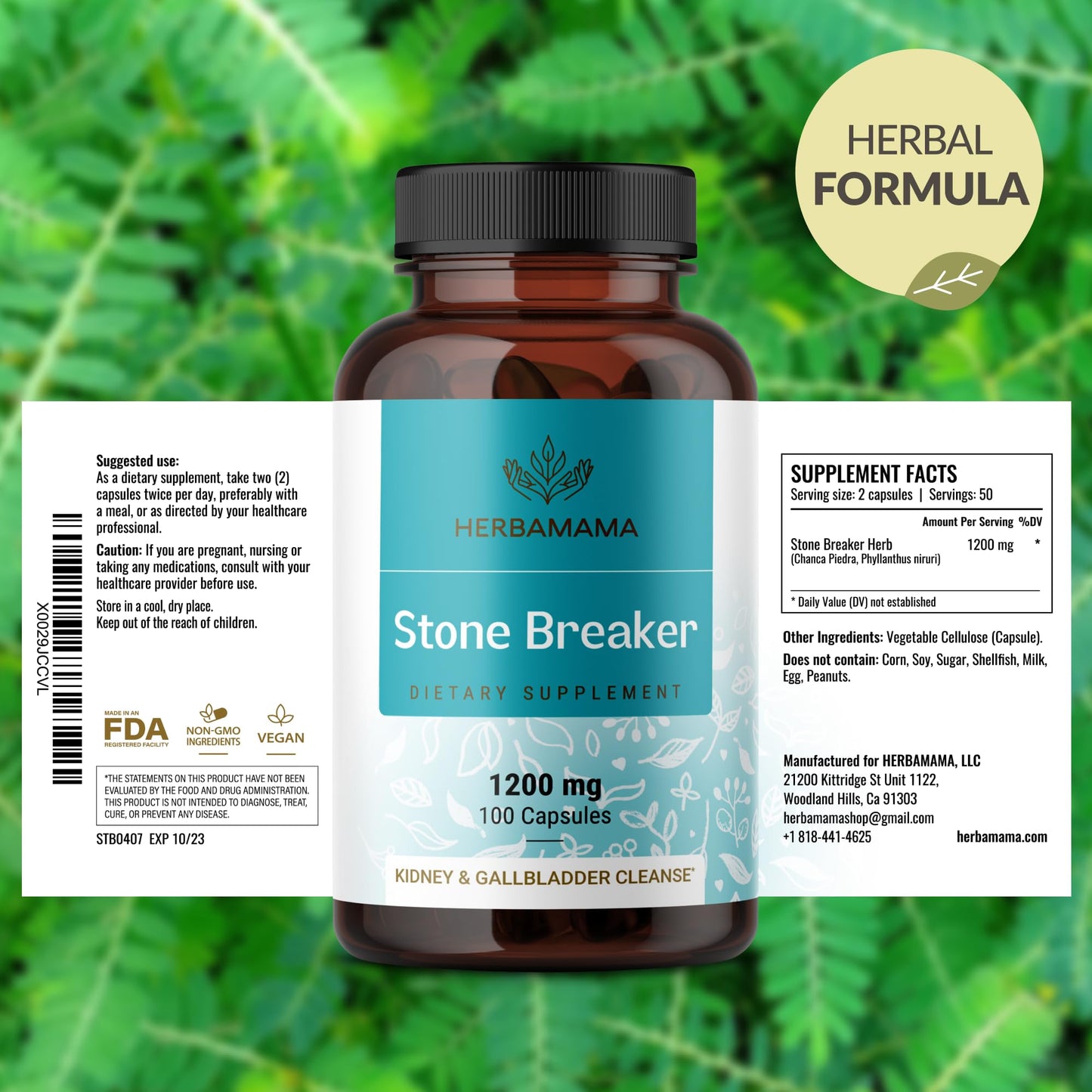 HERBAMAMA Chanca Piedra Stone Breaker Capsules 1200mg, Kidney Stone Breaker, Gallbladder Cleanse & Urinary Tract Support, Vegan, Non-GMO Kidney Supplement, 200 Capsules