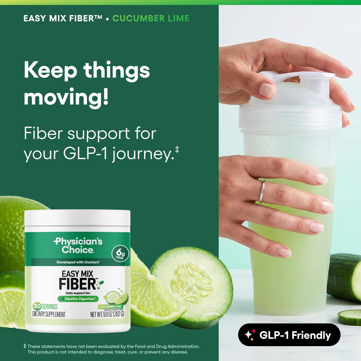 Physician's CHOICE Easy Mix Fiber for GLP-1 Support Powder, 9.9 oz, Cucumber Lime