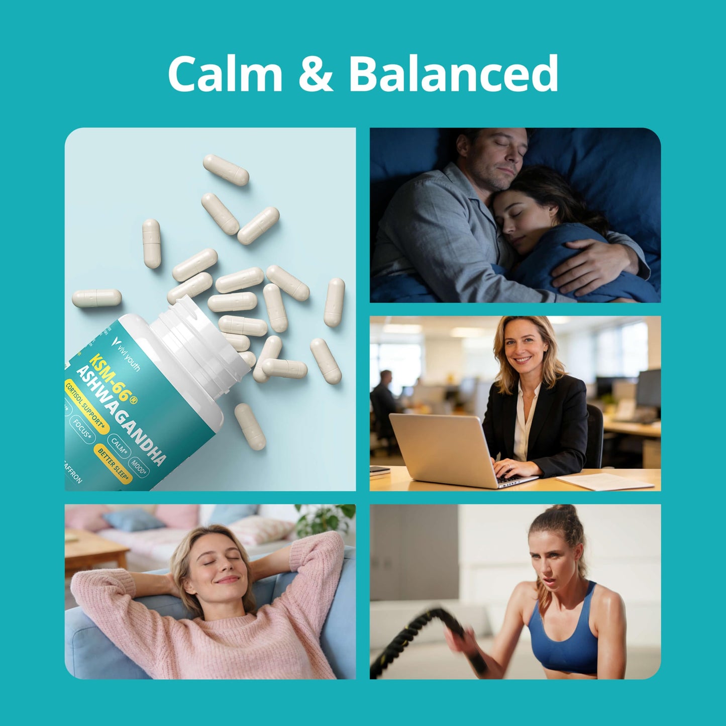 VIVI Youth Cortisol Supplement with KSM-66® Ashwagandha & L-Theanine - Advanced Formula with GABA, Saffron, Magnesium Glycinate & Vitamin D3 for Calm Focus, Mood Balance, 60 Capsules