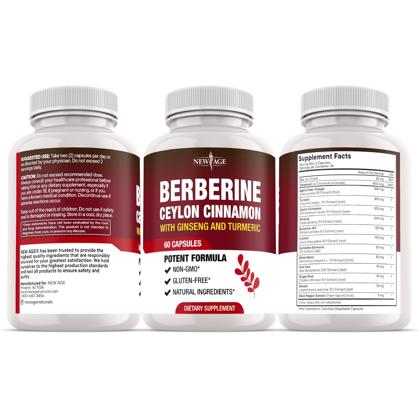 New Age Berberine HCL Plus Ceylon Cinnamon Turmeric Licorice Extract, Gymnema Sylvestre, Apple Cider Vinegar, Berberine HCI Root Supplements Capsules, 180 Count