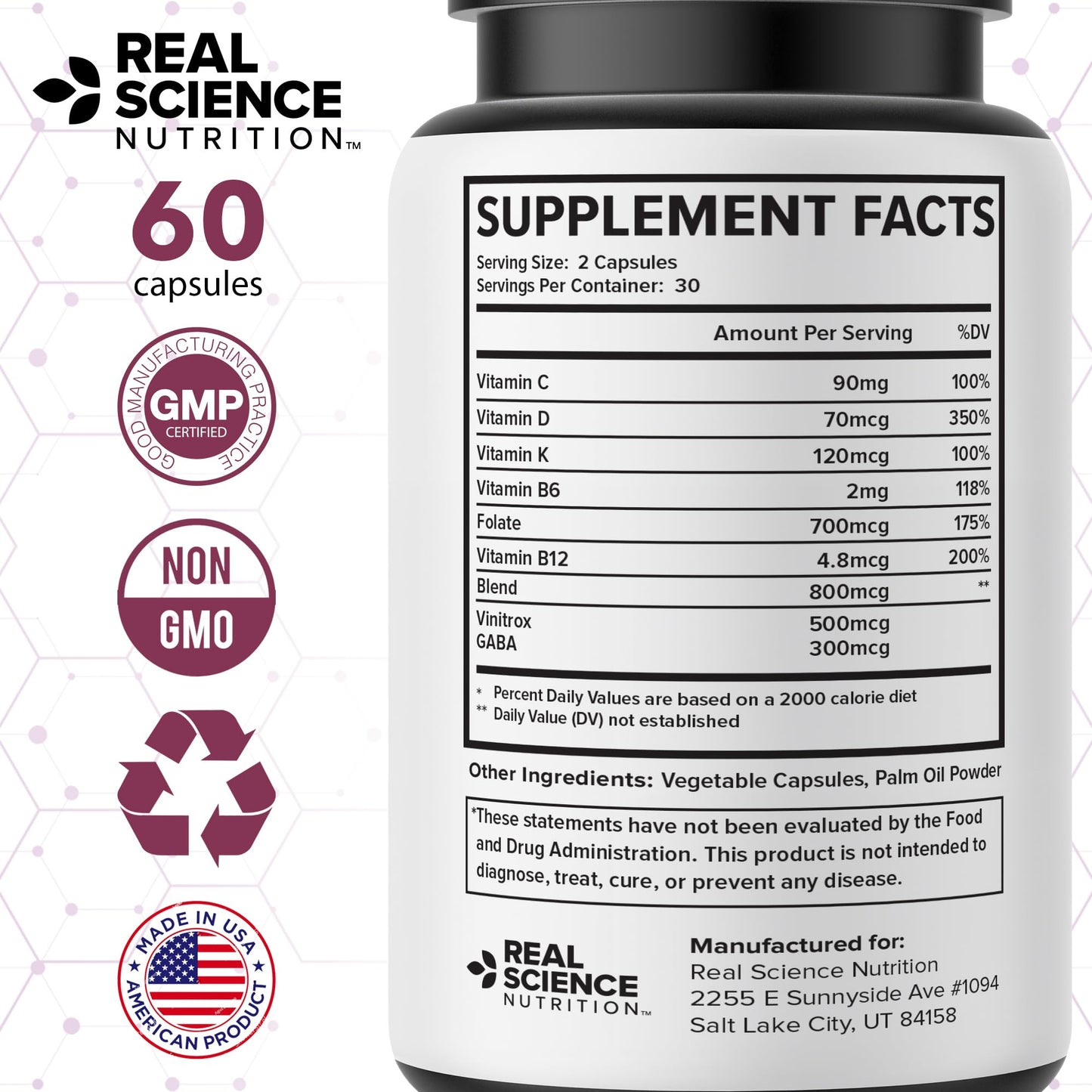 Real Science Nutrition Real Science NumbEase Miracle - All Natural Nitric Oxide & Nerve Support Supplement for Nerve Comfort, Circulation & Healthy Sensation – GABA & Vinitrox Formula for Daily Mobility, Capsules, 60