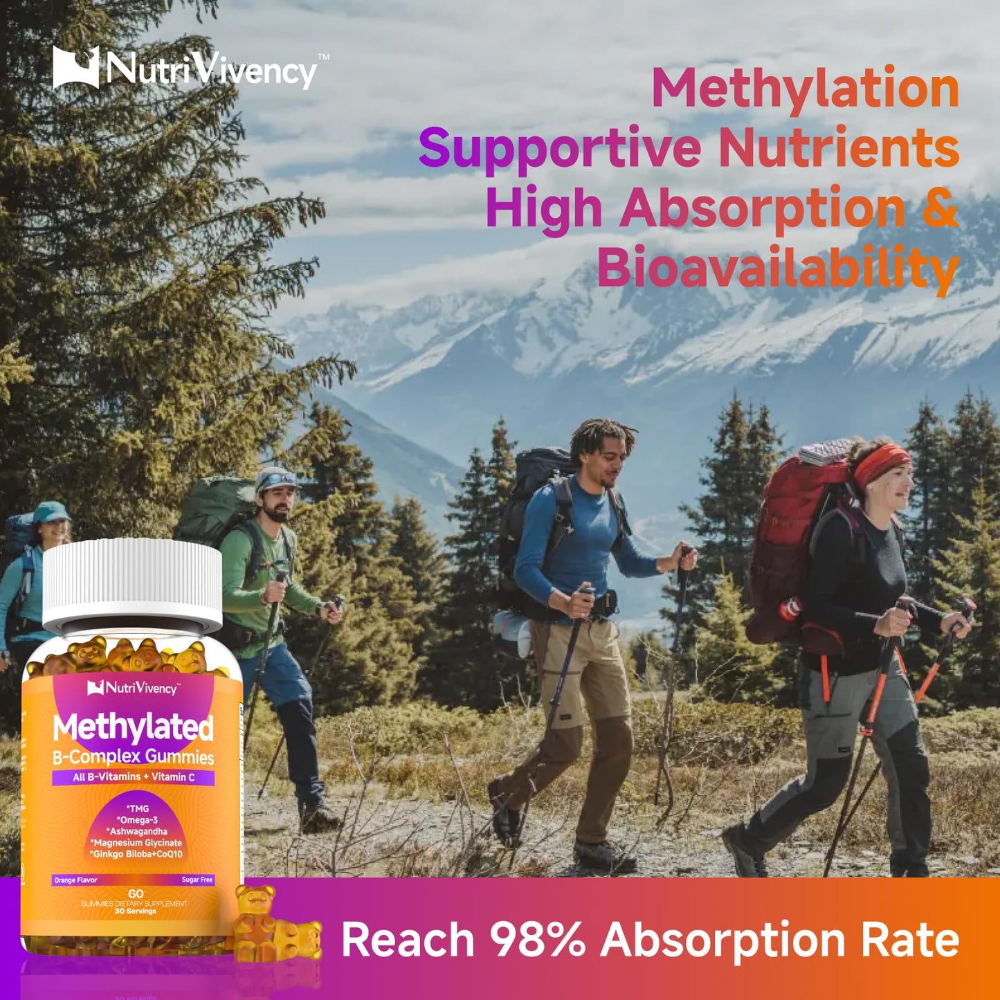 NutriVivency Methylated Vitamin B Complex Gummies, 60 Count