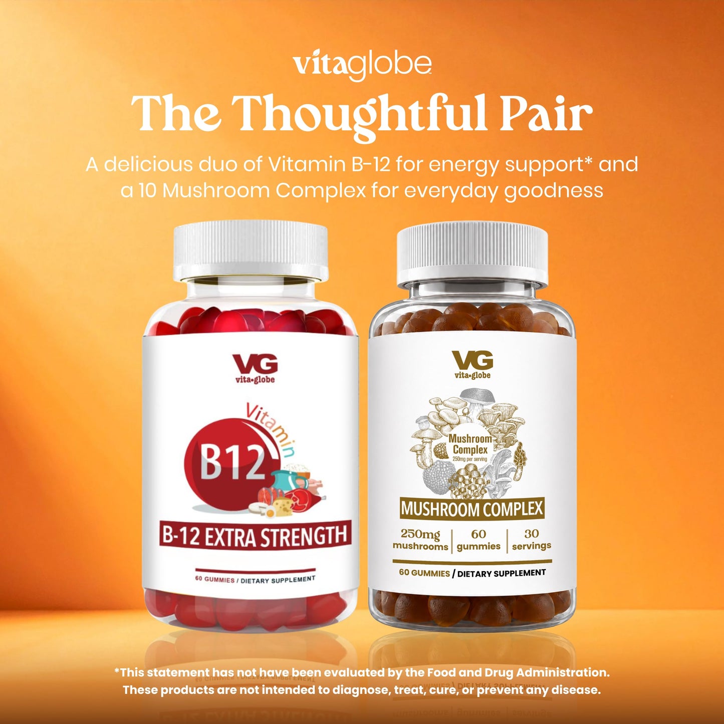 VITA GLOBE Mushroom Complex Lions Mane, Reishi & Chaga, Non-GMO, 120 Gummies