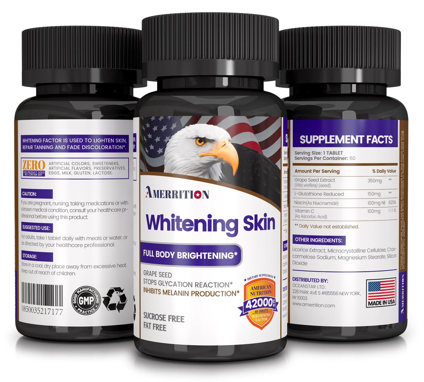 Amerrition Skin Whitening Supplement Infused with Grape Seed Extract, Glutathione, Vitamin B3, and Vitamin C, 60 Tablets