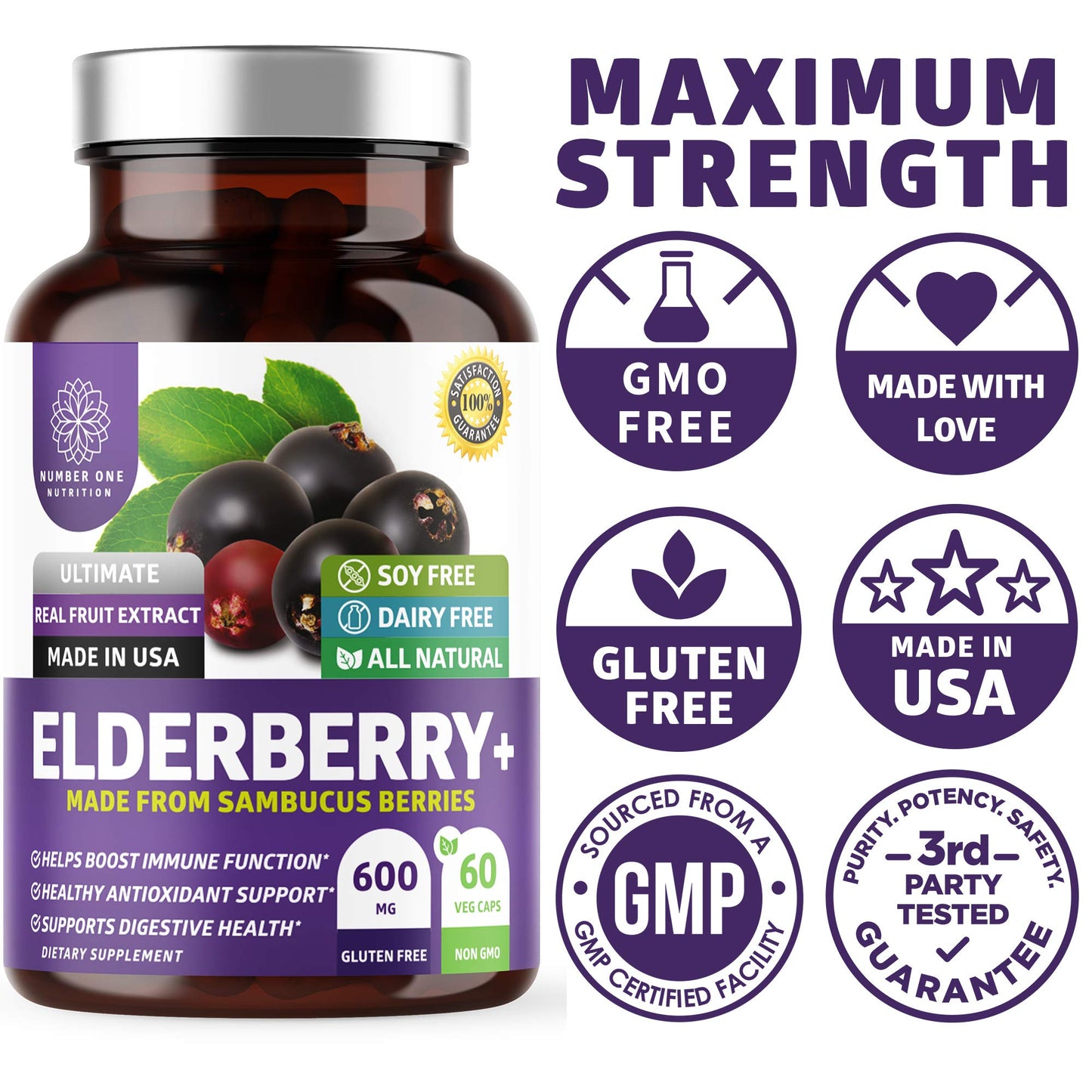 Number One Nutrition N1N Premium Black Elderberry Capsules, 120 Capsules