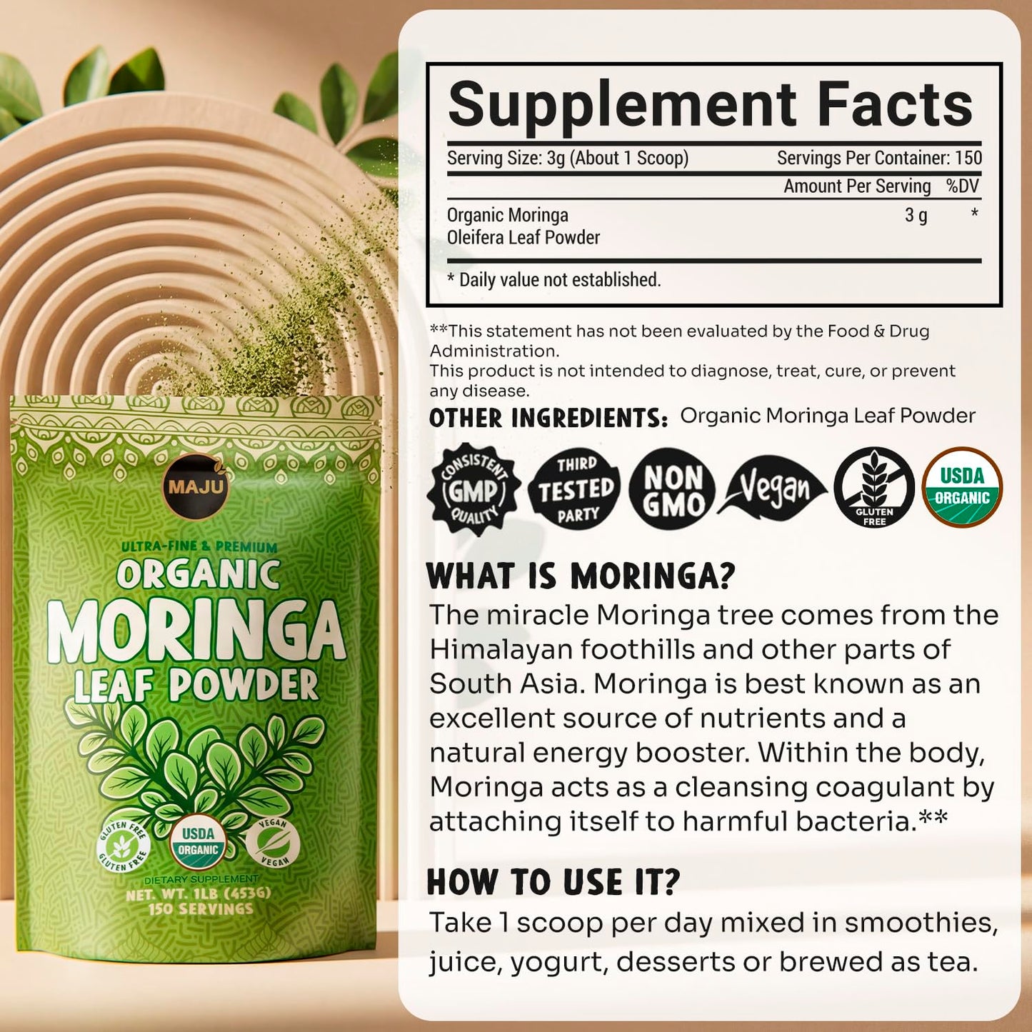 Maju Superfoods Organic Moringa Powder 16 oz