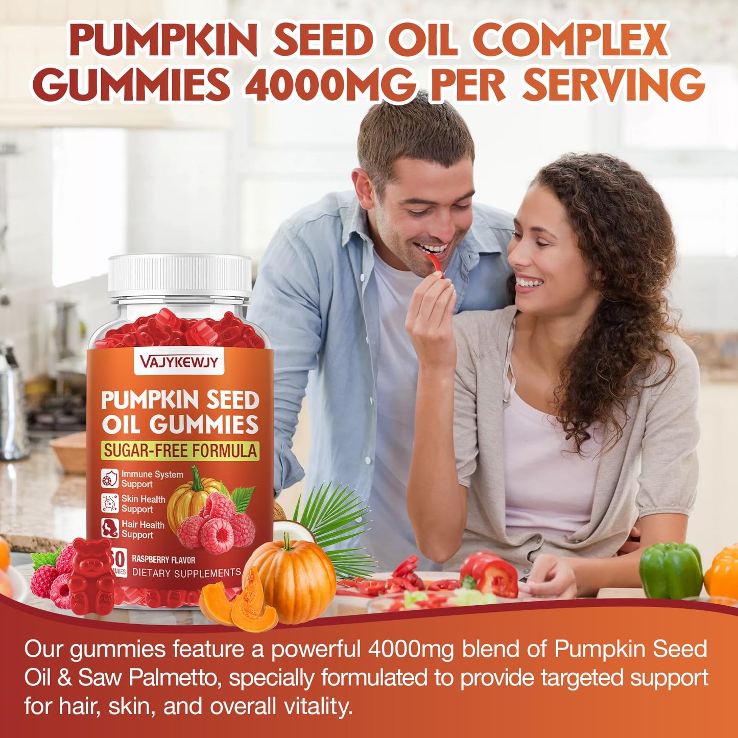 VAJYKEWJY Pumpkin Seed Oil & Saw Palmetto Hair Growth & Skin Health Supplement with High-Purity Extract for Women & Men, Vegan, Raspberry Flavor Gummy 2-pack