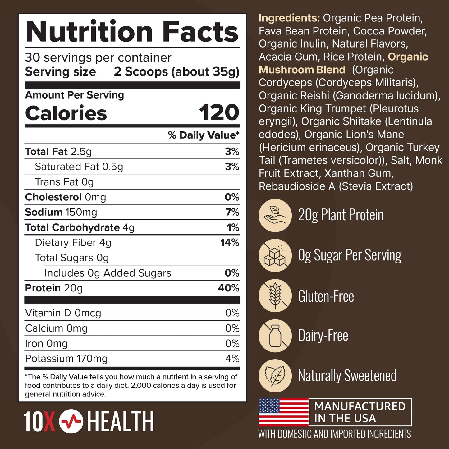 10X Health System Vegan Protein Powder - Plant-Based Protein Powder with 20g Protein per Serving, Dairy Free, Gluten Free, Chocolate Flavor, 37 Servings