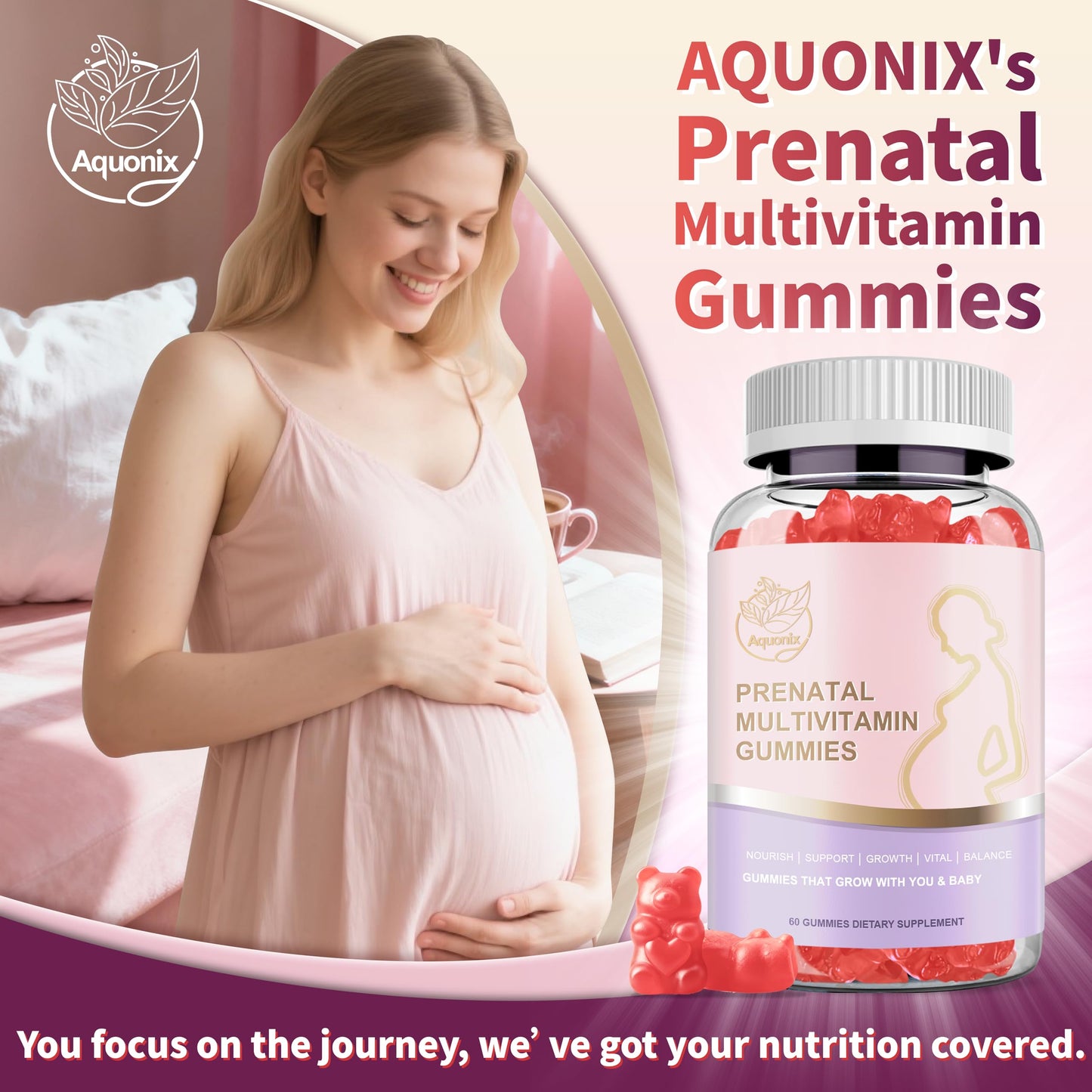 AQUONIX Prenatal Multivitamin Gummies for Women, 60 Gummies