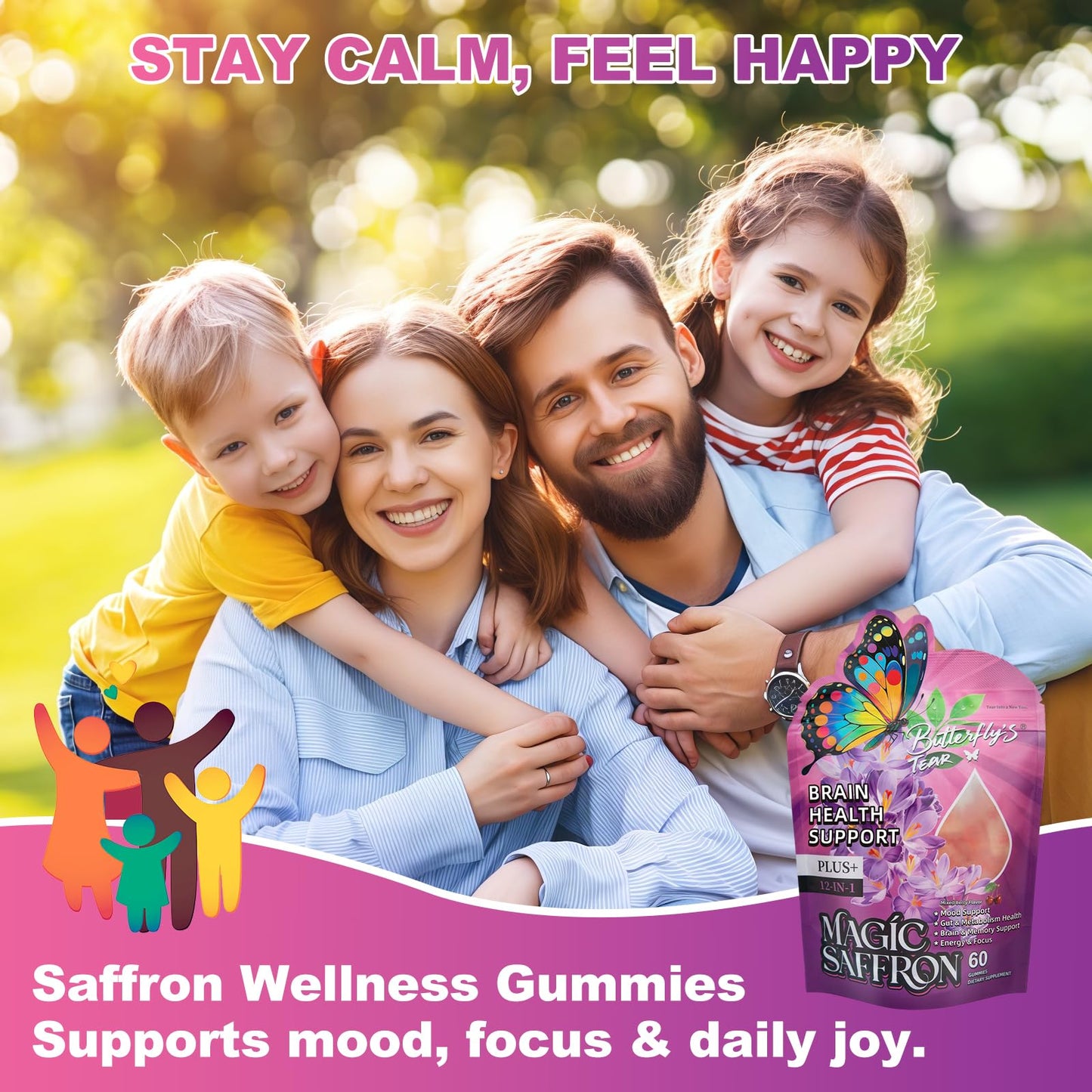 BUTTERFLY'S TEAR Saffron Gummies for Kids & Adults, 12-in-1 Saffron Supplements with 90mg Saffron Extract, Vitamin C, B6, Magnesium for Calm, Focus, Nerve, Sugar Free, Vegan, Non-GMO - Mixed Berry Flavor 60 Gummies