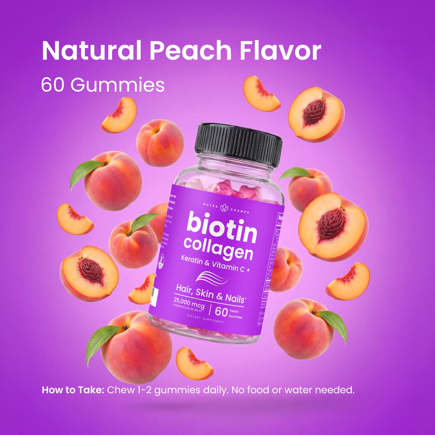 NutraChamps Biotin Gummies 5000mcg with Collagen, Keratin & More – Hair Skin and Nails Vitamins for Women & Men – Support Normal Hair Growth Cycle – 120 Gummies