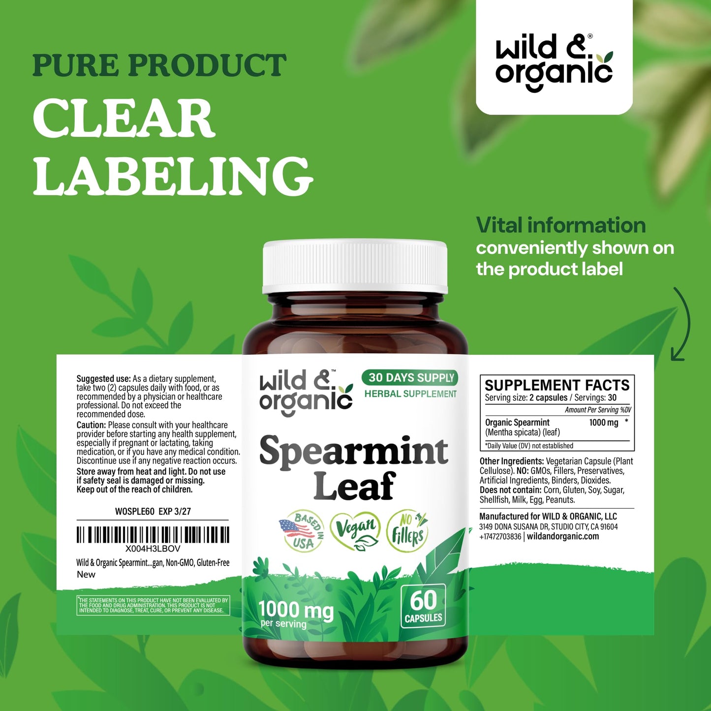 Wild & Organic Spearmint Capsules Digestive & Women's Support 60 Count
