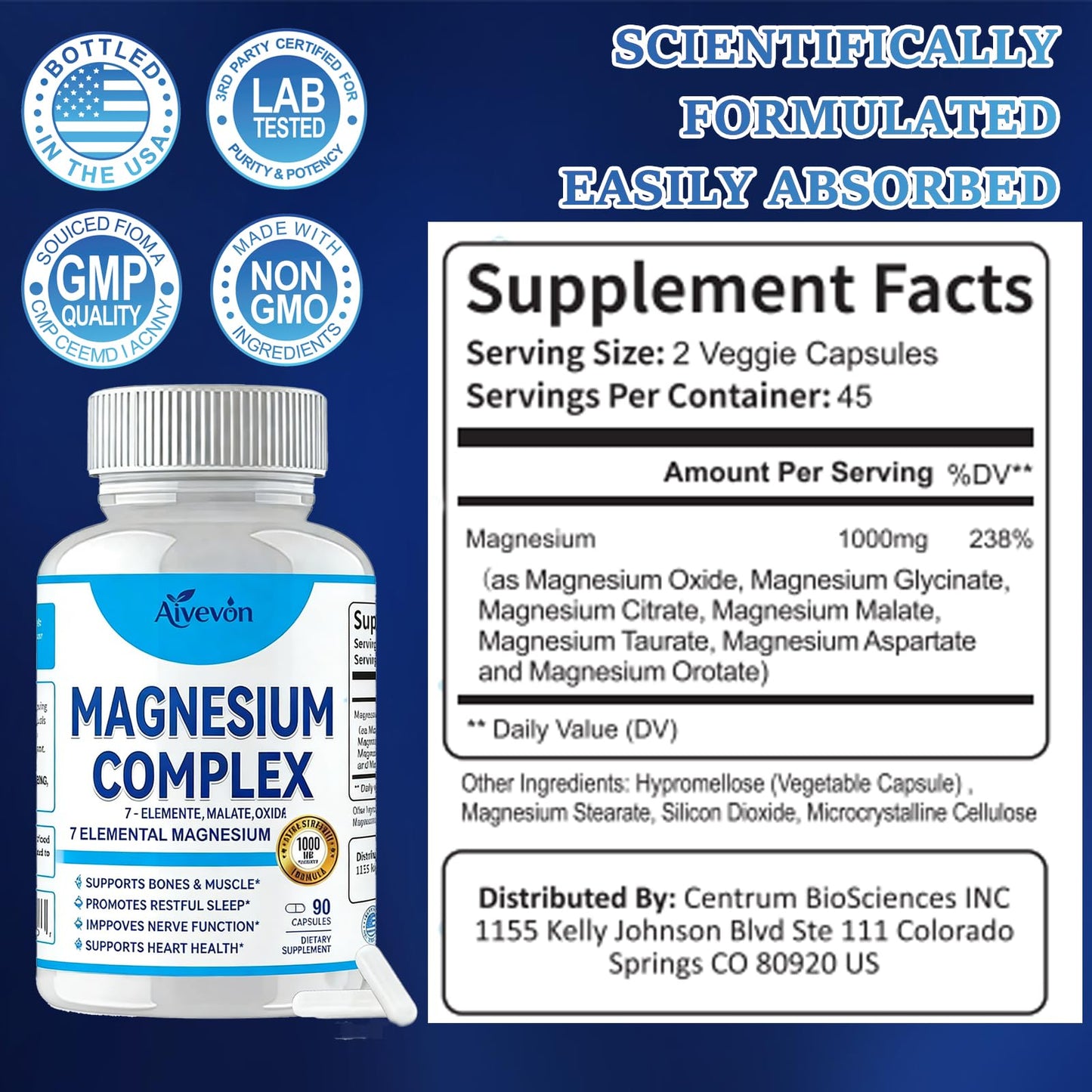 Aiwevon Magnesium Complex 1000mg Capsules, 60 Count